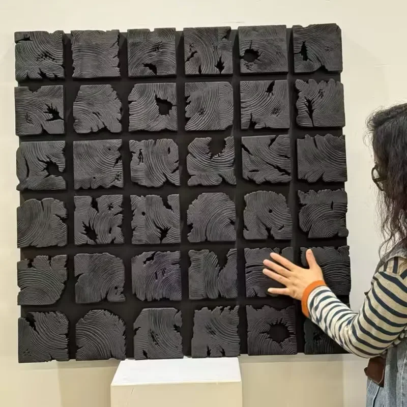 Escultura de Arte de Parede Quadrada Preta em Madeira Artesanal, Abstrata e Personalizável para Decoração de Casa