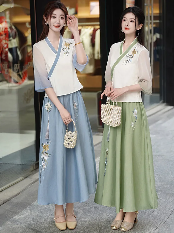 2026 Spring New V-neck Chinese Style Women's Clothing Set Tea Ceremony Class Uniform Traditional National Fashion Revamped Hanfu
