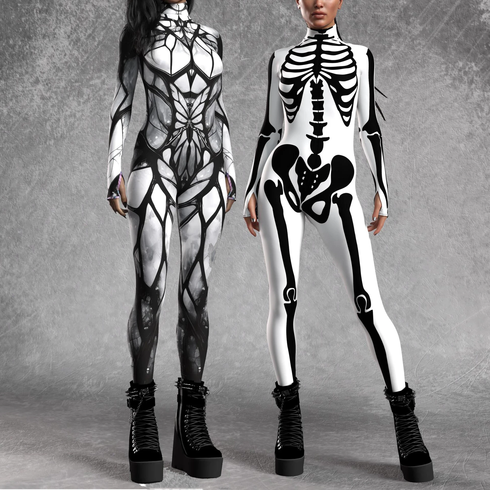 

Women Dark Gothic Skeleton Cosplay Bodysuit Halloween Party Tights Rave Holiday Punk Jumpsuit Rompers Costume Perfermence Zentai