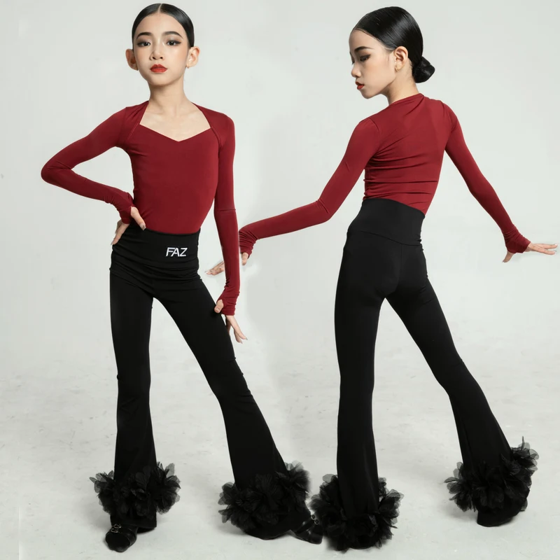 

New high-end children's lace Latin dance long-sleeved practice pants for girls' performance and practice costumes
