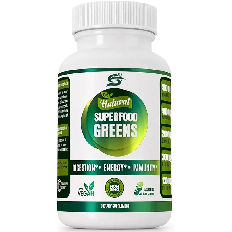 Organic Vegetarian Capsules Containing South African Chlorella Vulgaris, Moringa, Spirulina, Turmeric, And Kale