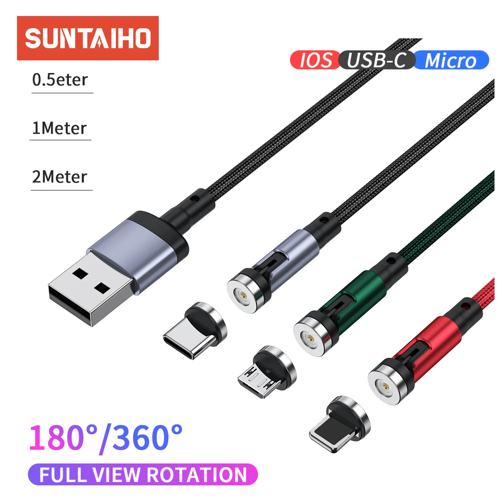 Suntaiho 540-градусный Вращающийся Магнитный Зарядный Кабель 3a Micro Usb/c Типа Для Мобильных Телефонов, Совместимый С Iphone