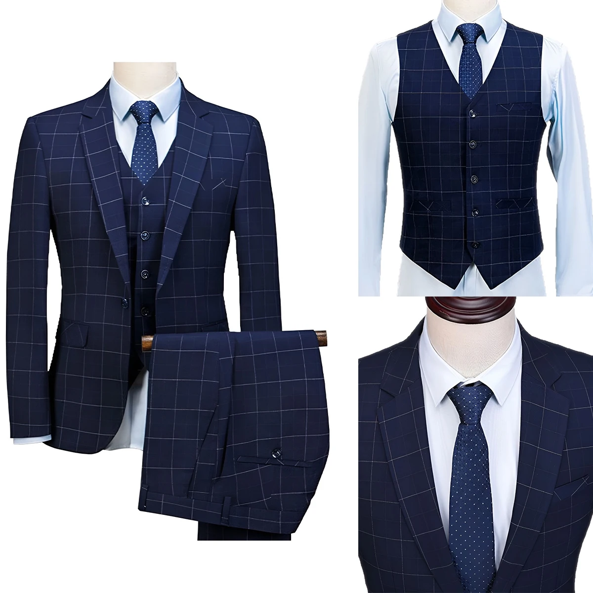 3 Pieces Plaid Mens Suits For Wedding Formal Groom Wear Slim Fit Tuxedos Work Business Notch Lapel Blazer Pants Vest Customize