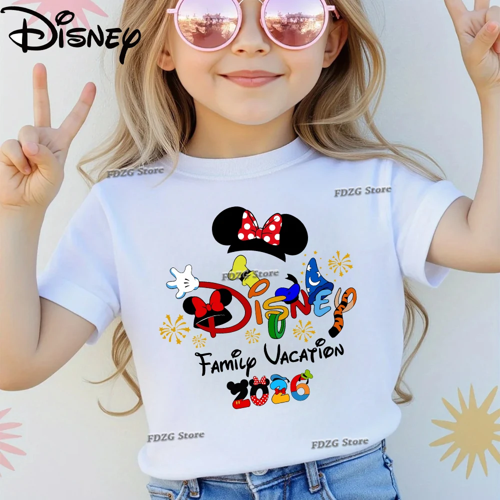 

Футболка с принтом Disney Trip 2026, белые детские футболки с Микки и Минни Маус, одежда с короткими рукавами, модные уличные футболки для девочек