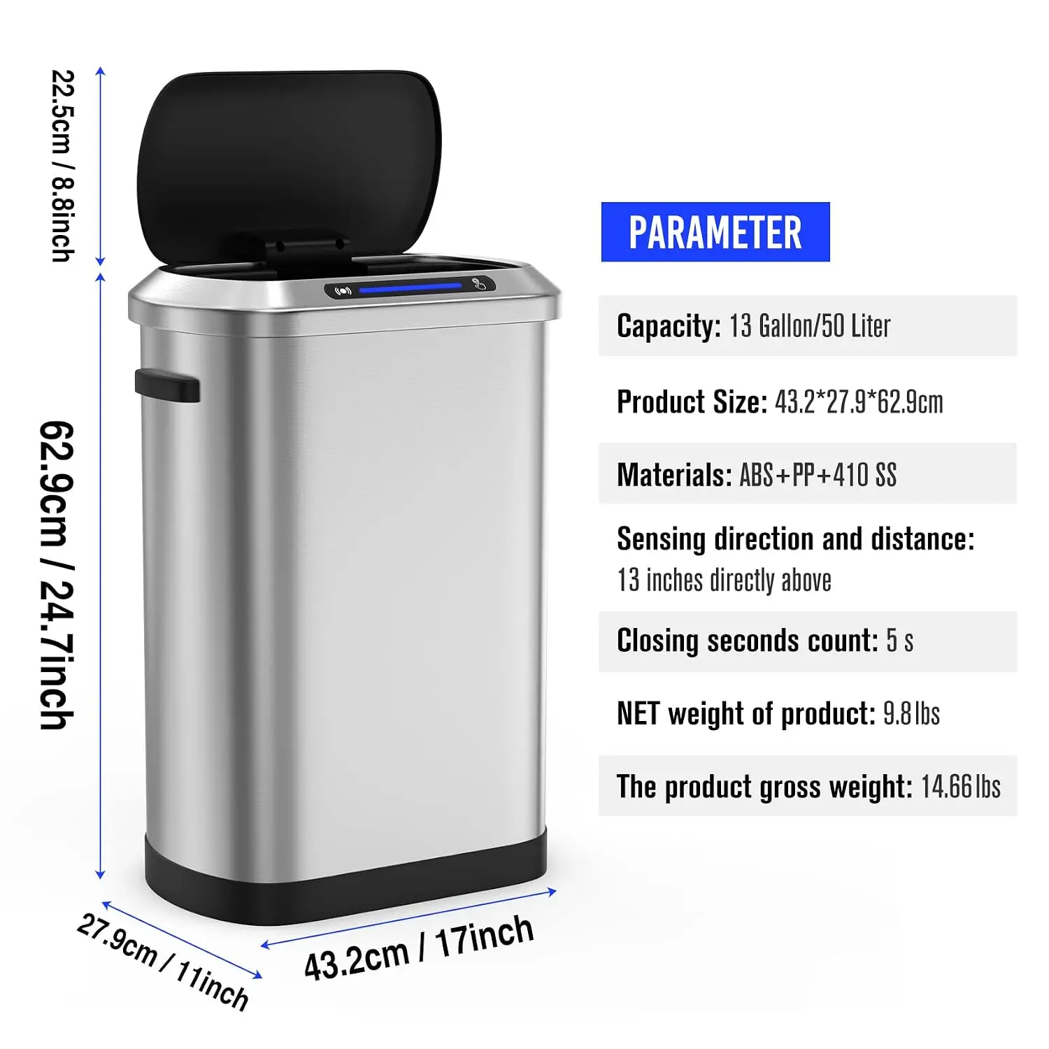 13 Gallon Smart Automatic Trash Can, 50L Stainless Steel Sensor Waste Bin with Soft-Close Silent Lid and 30 Garbage Bags, Garbag