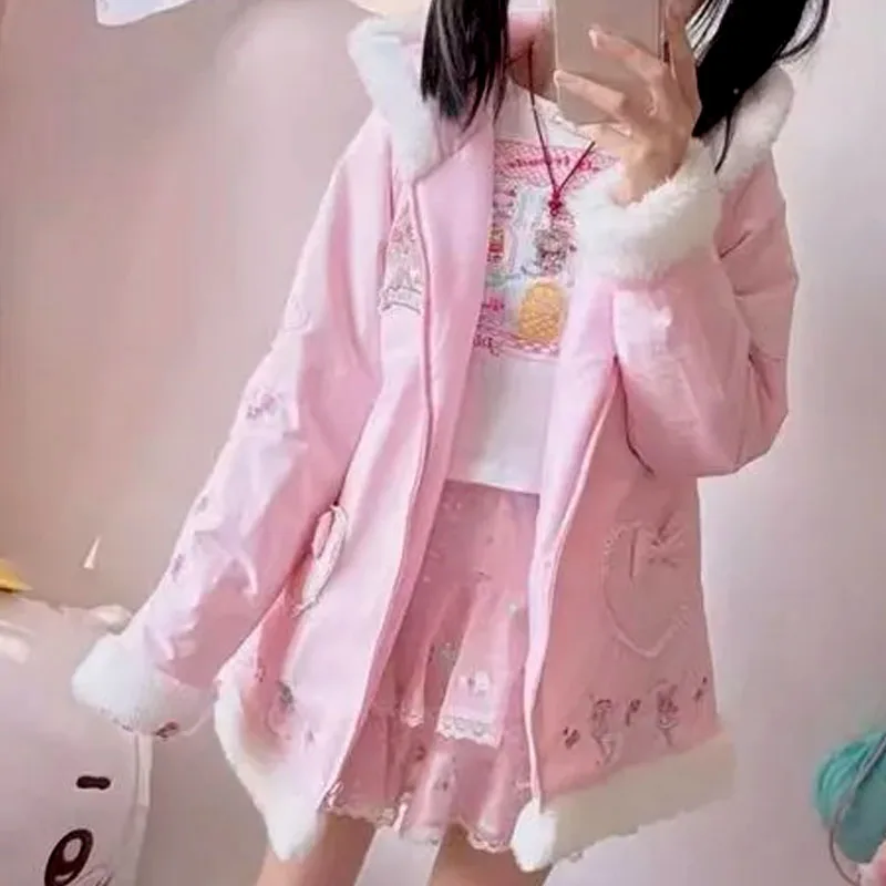 Kawaii Winter Cartoon Embroidery Fur Collar Hooded Cotton-padded Jacket Sweet Lolita Girl Bow Warm Cross-dressing COS Cute Coat