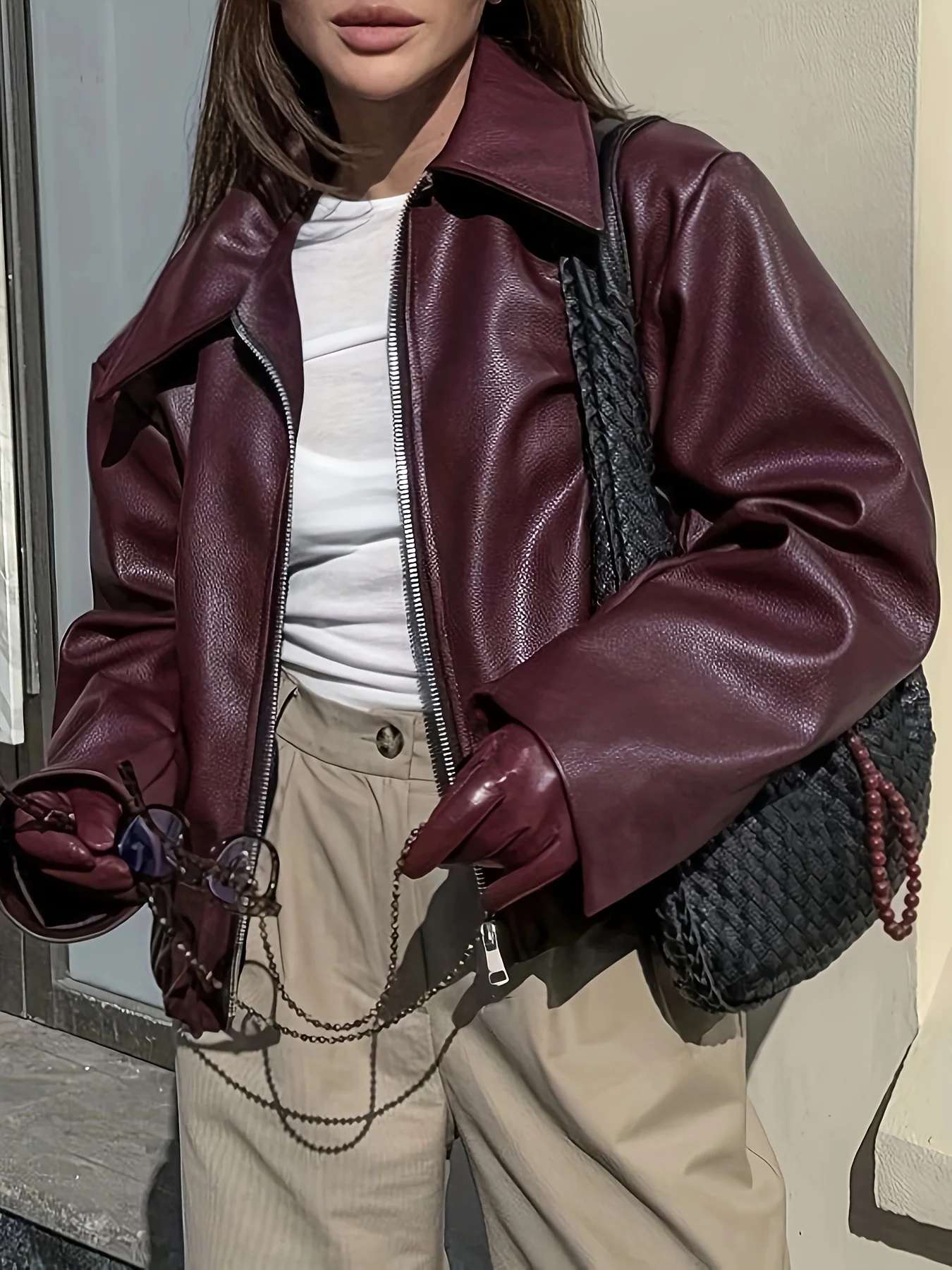 Women's PU leather jacket solid colour loose new vintage lapel design artificial leather jacket women's top 2025 hot style y2k