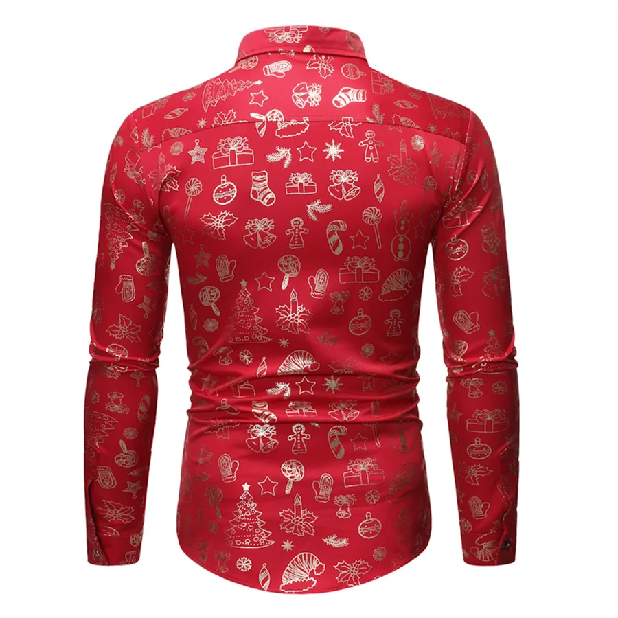 Men's Holiday Shirt Printed Hawaiian Funny Tops Long Sleeve Red Dress Shirts Prom Costume Stage Performance Nightclub Clothes