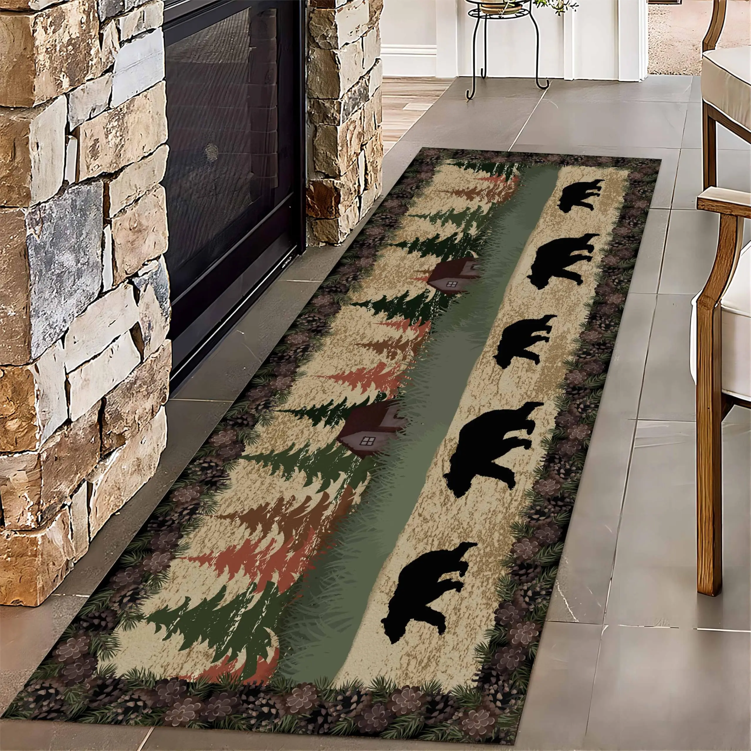 Vintage Lodge Long Rug Elk Bear Animal Paw Area Mat Buffalo Check Plaid Autumn Leaves Corridor Hallway Entrance Carpet