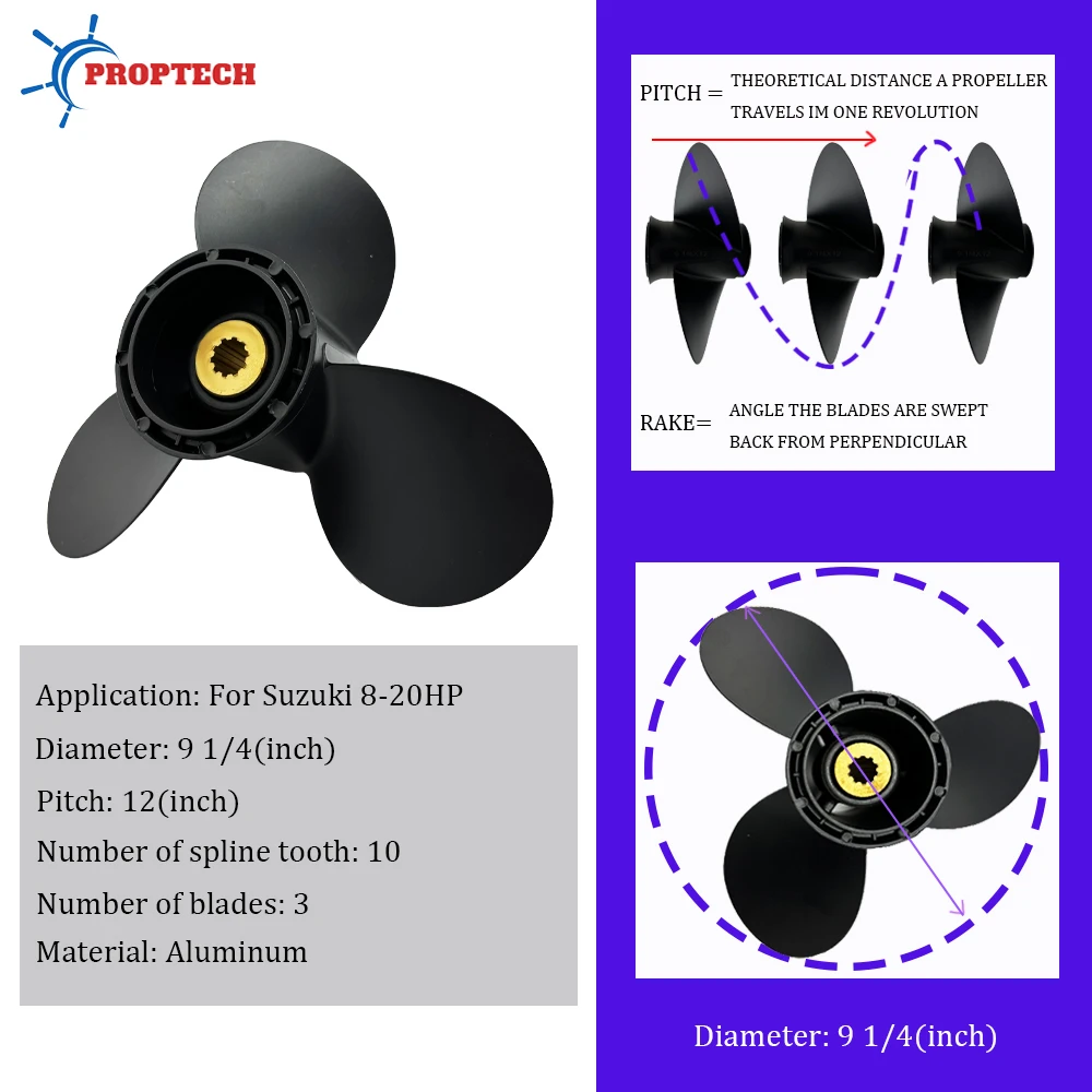 9 1/4*12 Outboard Propeller For Suzuki 8hp 9.9hp 15hp 20hp Boat Motor 58100-89L50-019 3 Blade 10 Spline Aluminum Alloy Screw