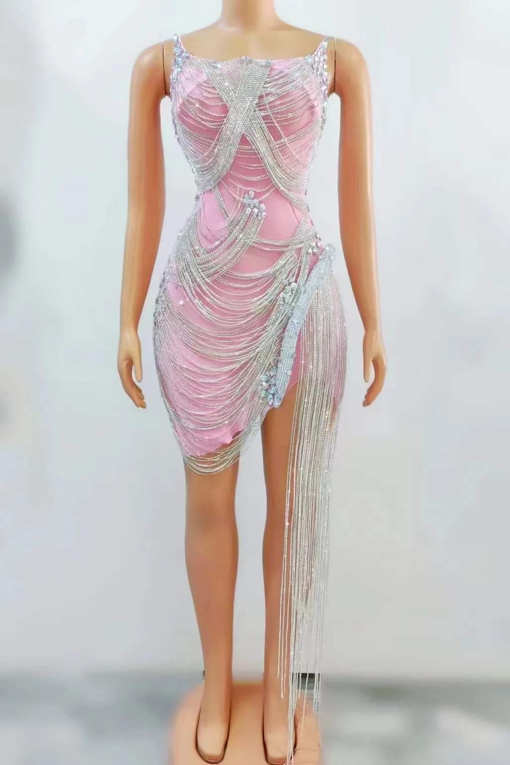 Vestido de noche con diamantes de imitación para mujer, traje Sexy transparente, ropa de escenario, cadenas, cristales, celebración de cumpleaños, baile de graduación