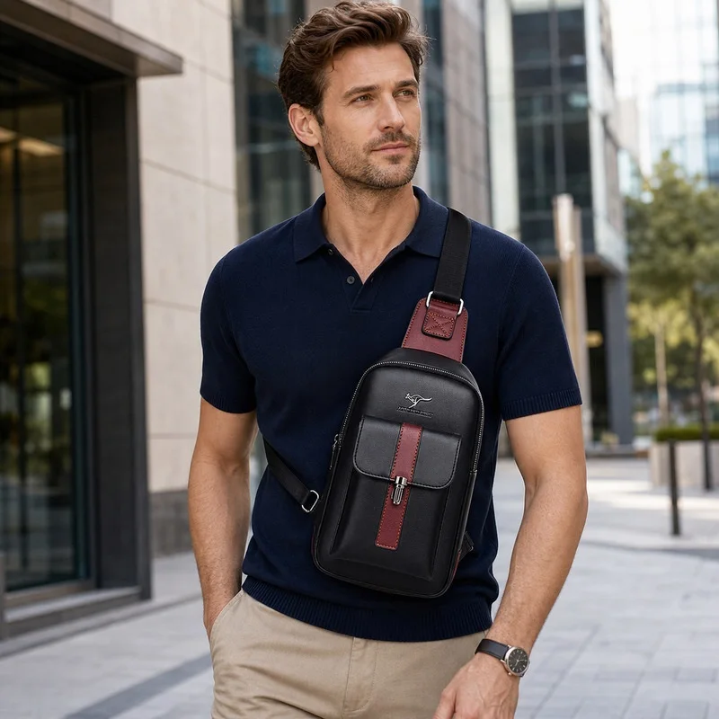 Men Leather Chest Bag Crossbody Sling Bag Casual Business Travel Shoulder Messenger Bag Black Brown
