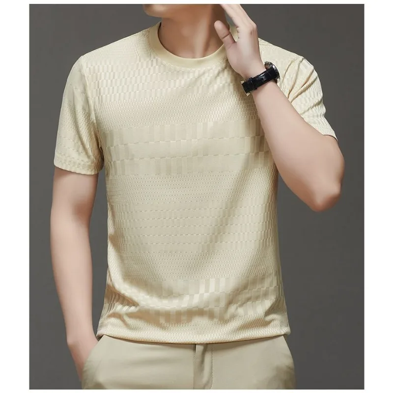 Summer Ice Silk Breathable Checkered Jacquard Crew Neck Short Sleeve T Shirt Men Casual Top