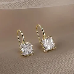 Huitan Simple Aesthetic Zirconia Drop Earrings Lady Engagement Accessories Trendy Temperament Gold Color Crystal Pendant Jewelry