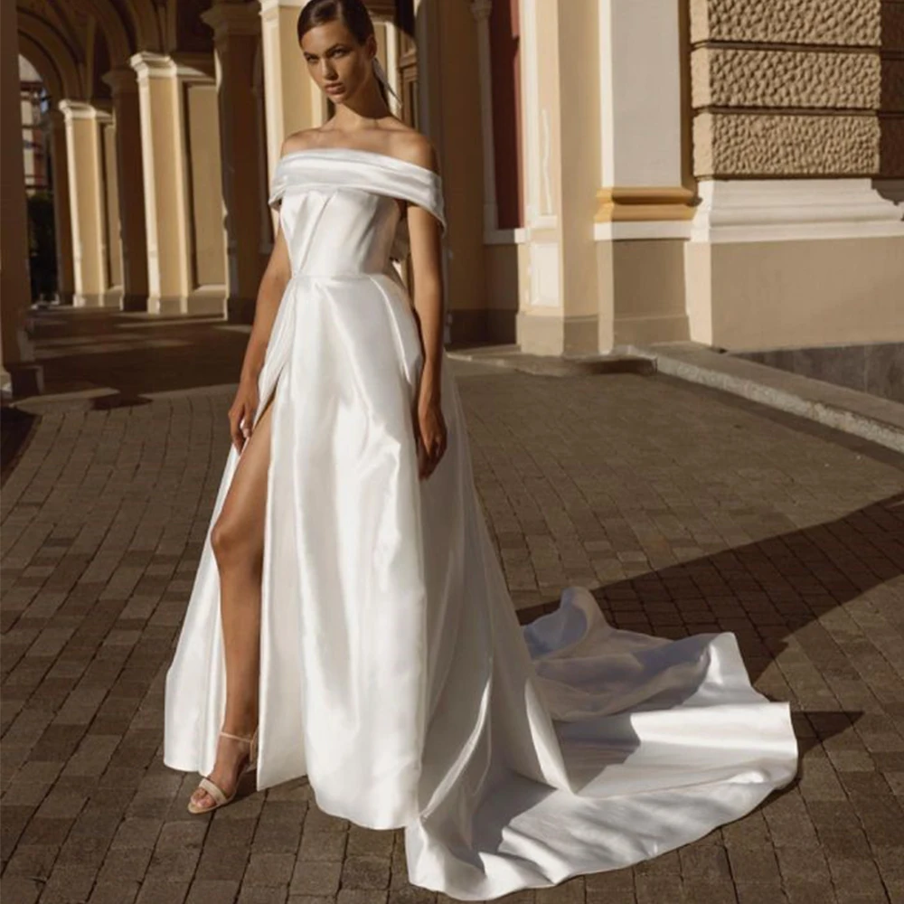 

Customized Wedding Dress Off the Shoulder A-Line Floor Length Side Split Satin Bride with Sweep Train Backless Marriage Gowns