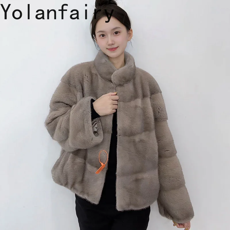 YOLANFAIRY Prawdziwe futra dla kobiet Zimowe luksusowe płaszcze z naturalnego futra norek 2025 Krótka kurtka z futra ze stójką Szara kurtka futrzana Abrigo Mujer