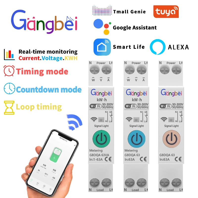 

TUYA WIFI Smart Circuit Breaker With Metering 63A Wireless Remote Control Switch by APP Voltage Kwh Meter Time Relay Loop Timing