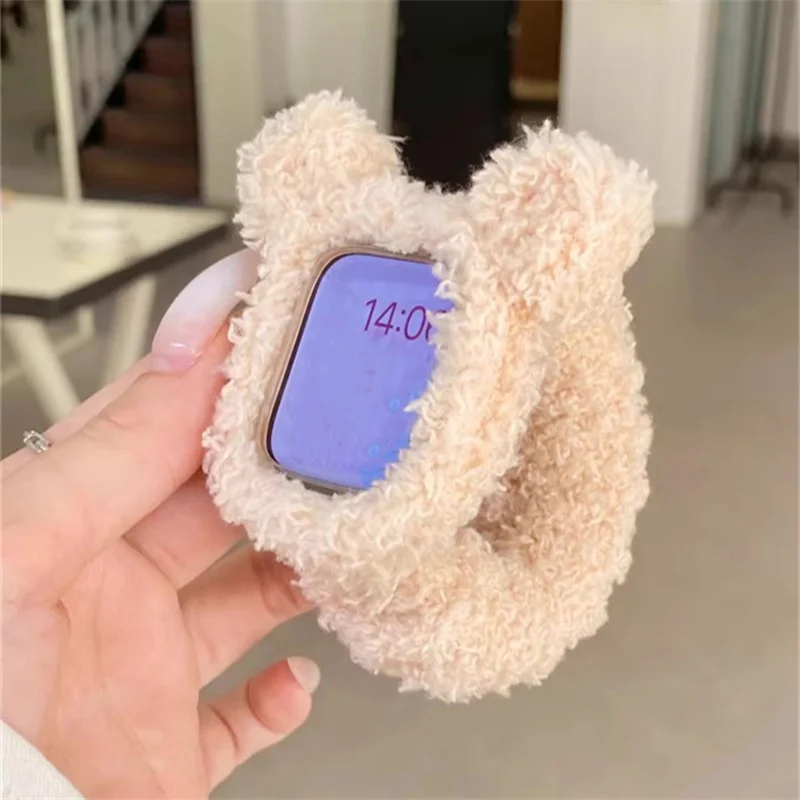 Korean Cute Plush Elasticity Hair Band Strap + Bear Case For Apple Watch 10 Ultra 9 8 7 SE Band For iwatch 42mm 46mm 49 45 40 41