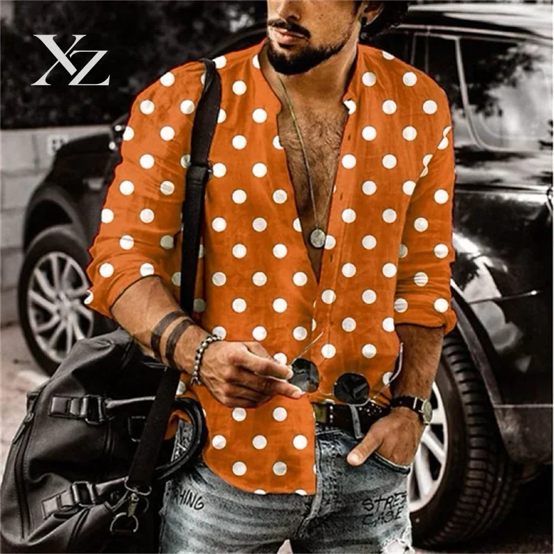 Men's long-sleeved Hawaiian shirt with high-definition dot pattern, soft fabric, for outdoor vacation, 6XL