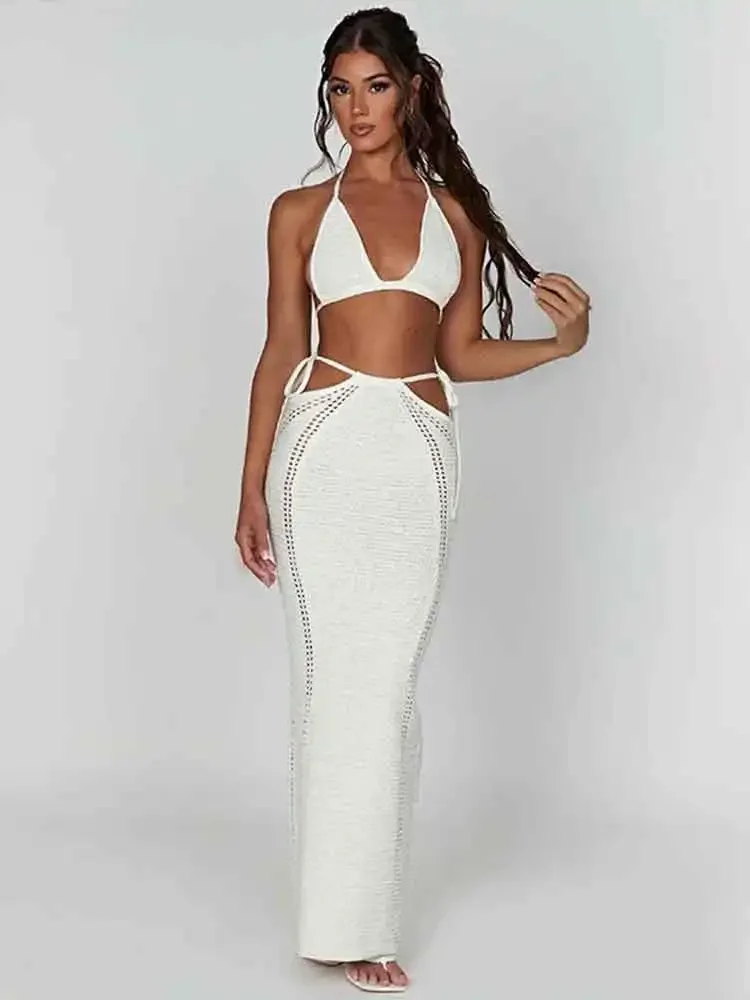 

Sexy Women Knit Cut Out Bikini Top Lace-up Long Skirt Set 2024 Summer Holiday Beach Party Crochet Outfit Swimsuit Cover Up A3148
