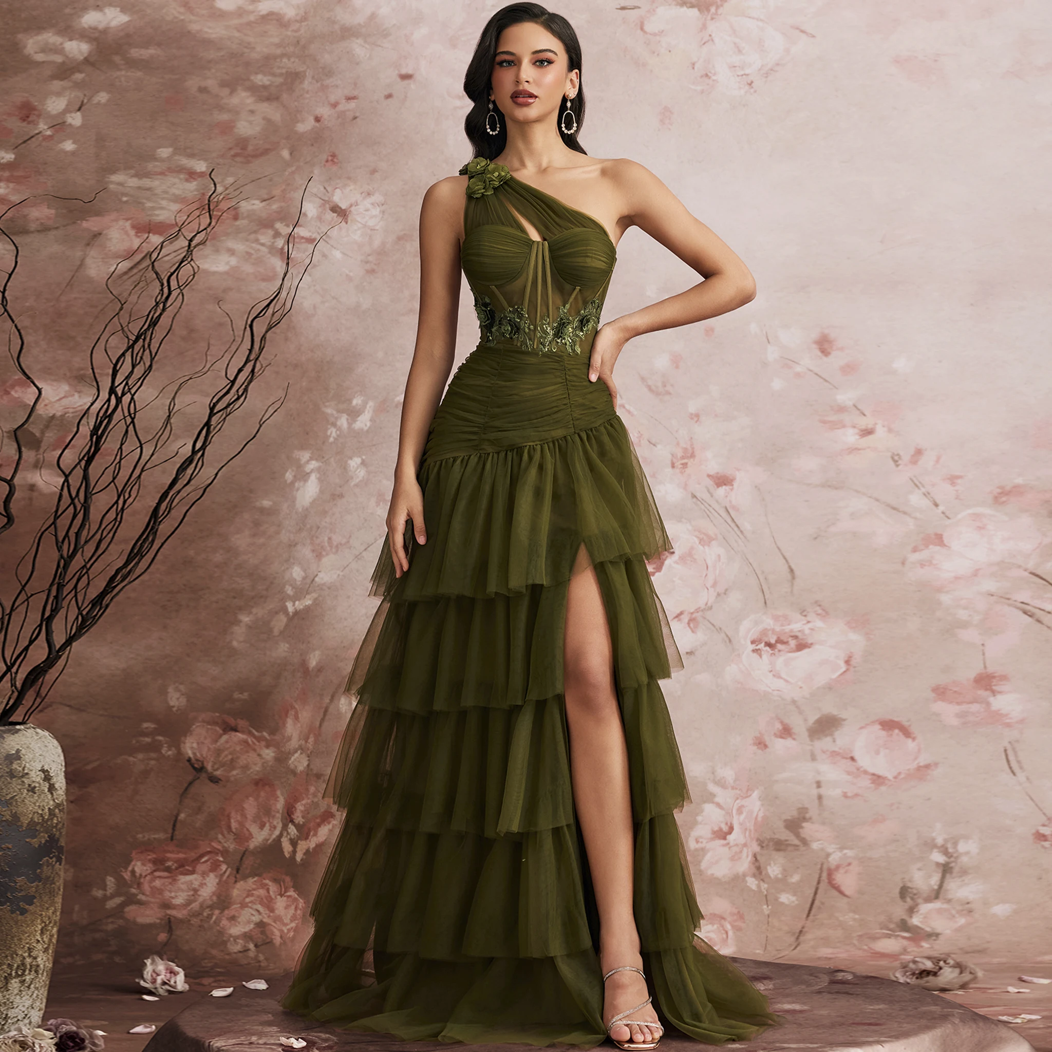 

Rosymae Olive Green Party Dress for Women Elegant One Shoulder Multi Level Tulle Evening Formal Gown with Sexy High Leg Slit