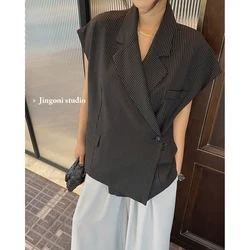 Woman Y2k Striped Jackets Coat Vest 2023 Clothing Tops Stylish Vintage Elegant Summer Korean Sleeveless Crop Suit New Waistcoat