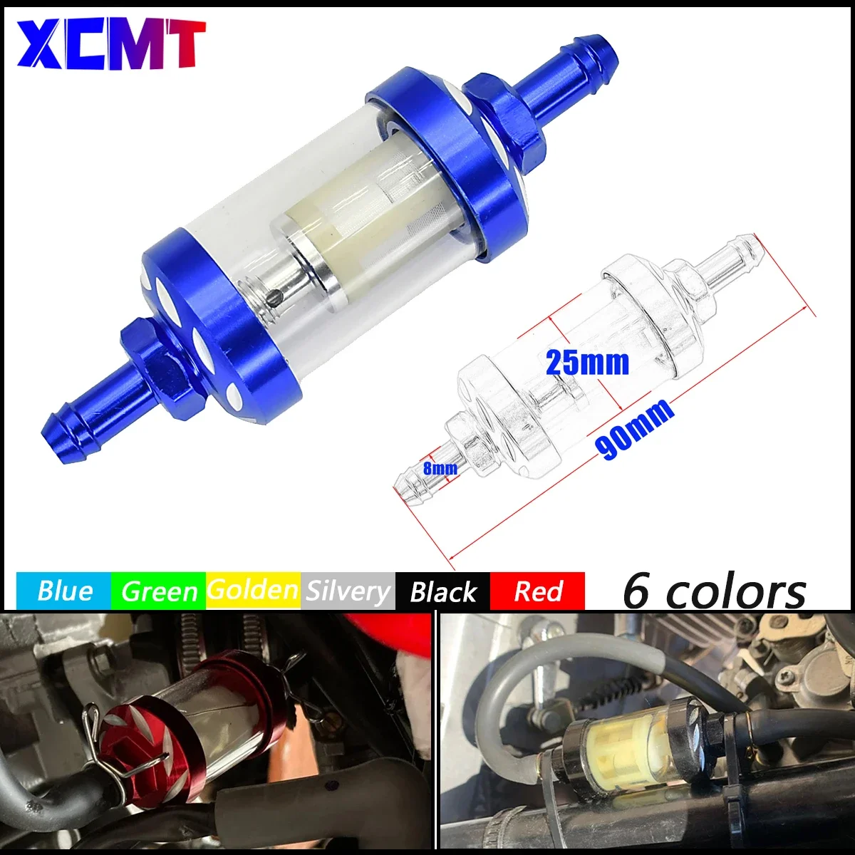 

Motorcycle Universal 8mm CNC Aluminum Alloy Glass Gas Fuel Gasoline Oil Filter For Motocross Dirt Pit Bike ATV Buggy Quad Parts