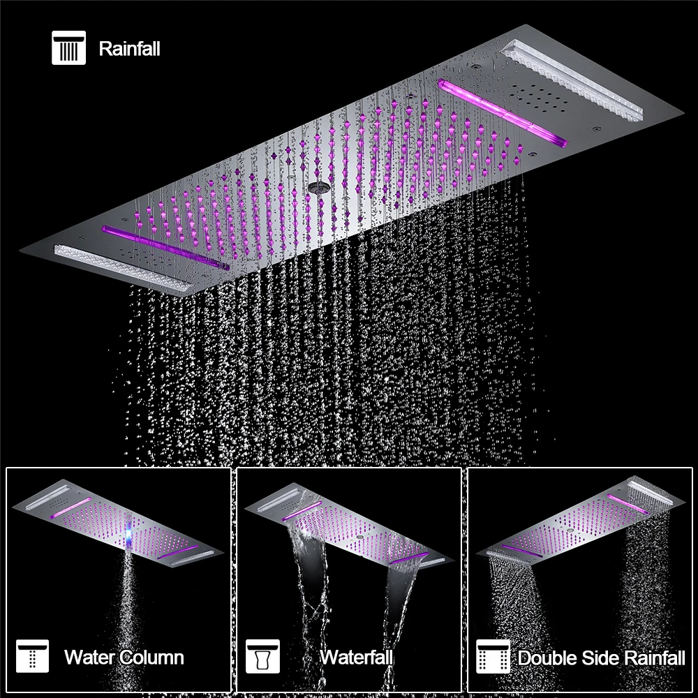 Qlonn 35×12 Inch Bathroom Luxury Spa Shower System Thermostatic Mixer Faucet LED Music Shower Panel with Massage Jet for Couples