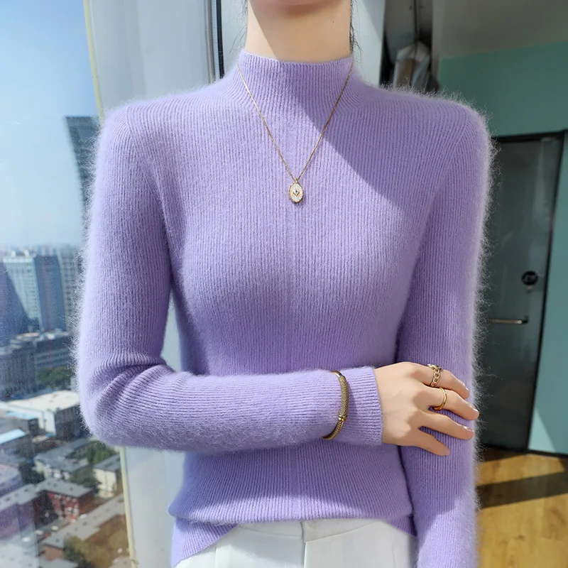 

Тонкий свитер из 100% норкового кашемира с воротником-стойкой для зимы, пуловер, женский трикотаж с длинными рукавами, базовая элегантная теплая одежда, топы
