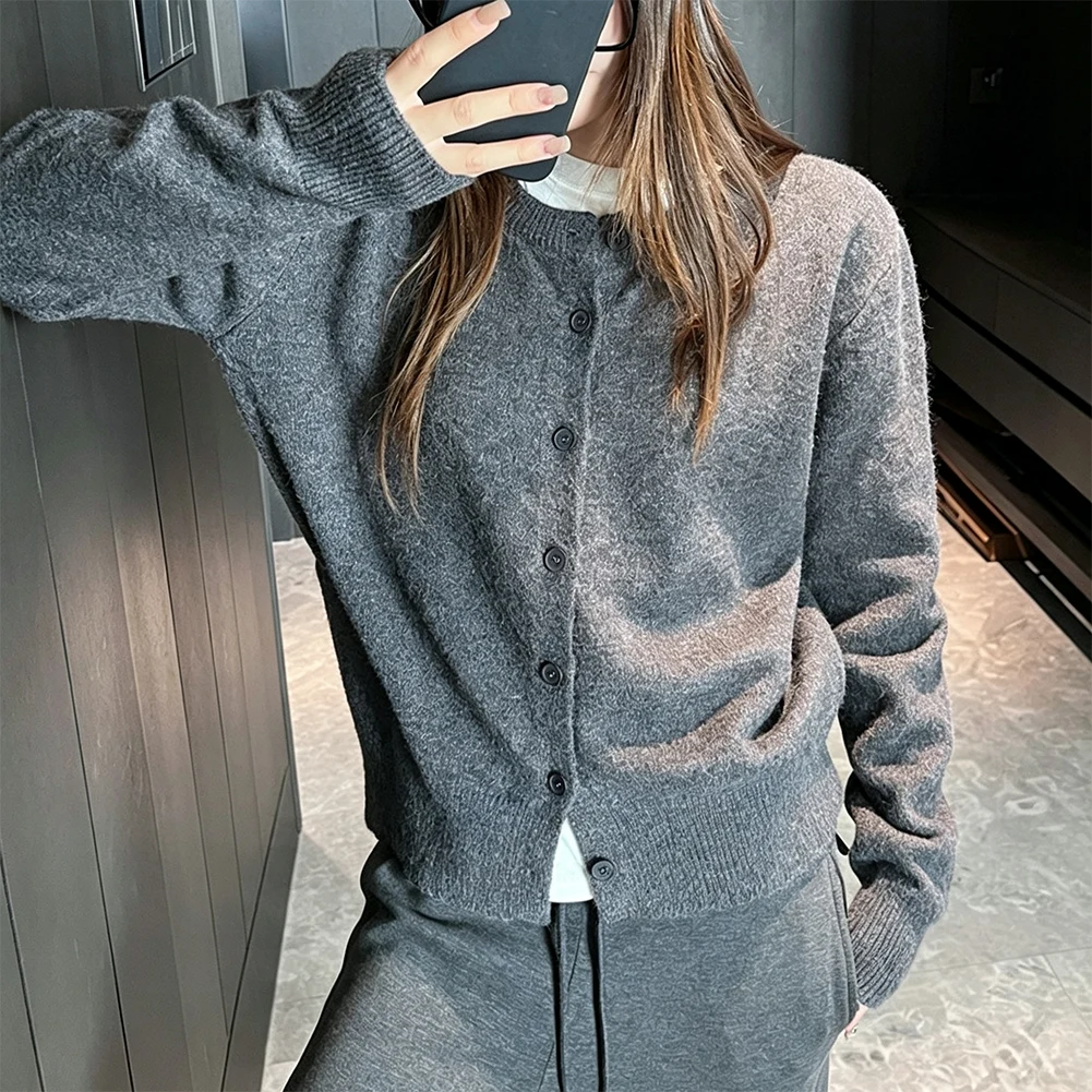 Women's Fleece Knit Loose Short Cashmere Sweater For Slim Round Neck Knit- Cardigan Female Sweater Cloting