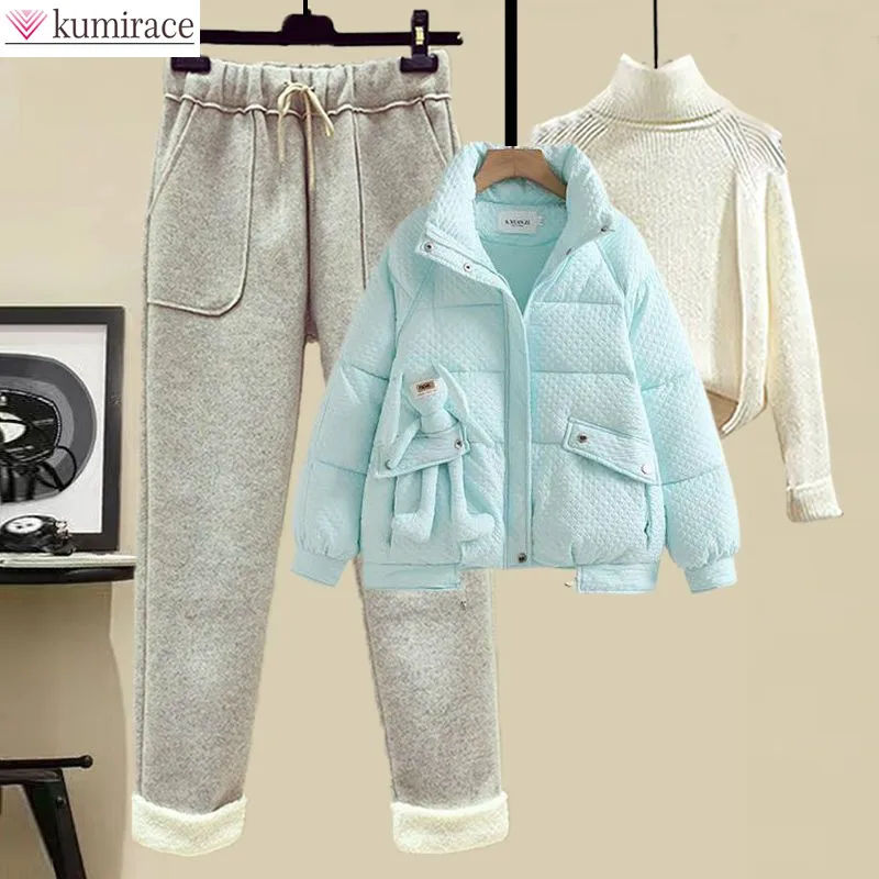 Winter New Plush Thickened Parka High Neck Knitting Sweater Flocking Casual Trousers Three Piece Elegant Women's Pants Set