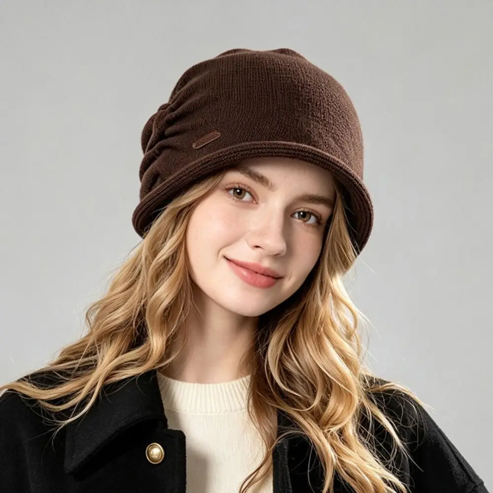 Vintage Pleated Knit Winter Pullover Hat Rolled-Edge Short Brim Windproof Woolen Hat Windproof Cold-Proof Knitted Hat for Girls