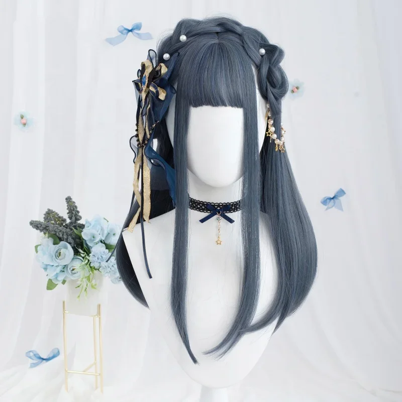 

Hot Selling Dark Blue Mixed Wig Cosplay 50cm Long Straight Anime Perruque Synthetic Heat Resistant Hair Lolita Wig For Halloween