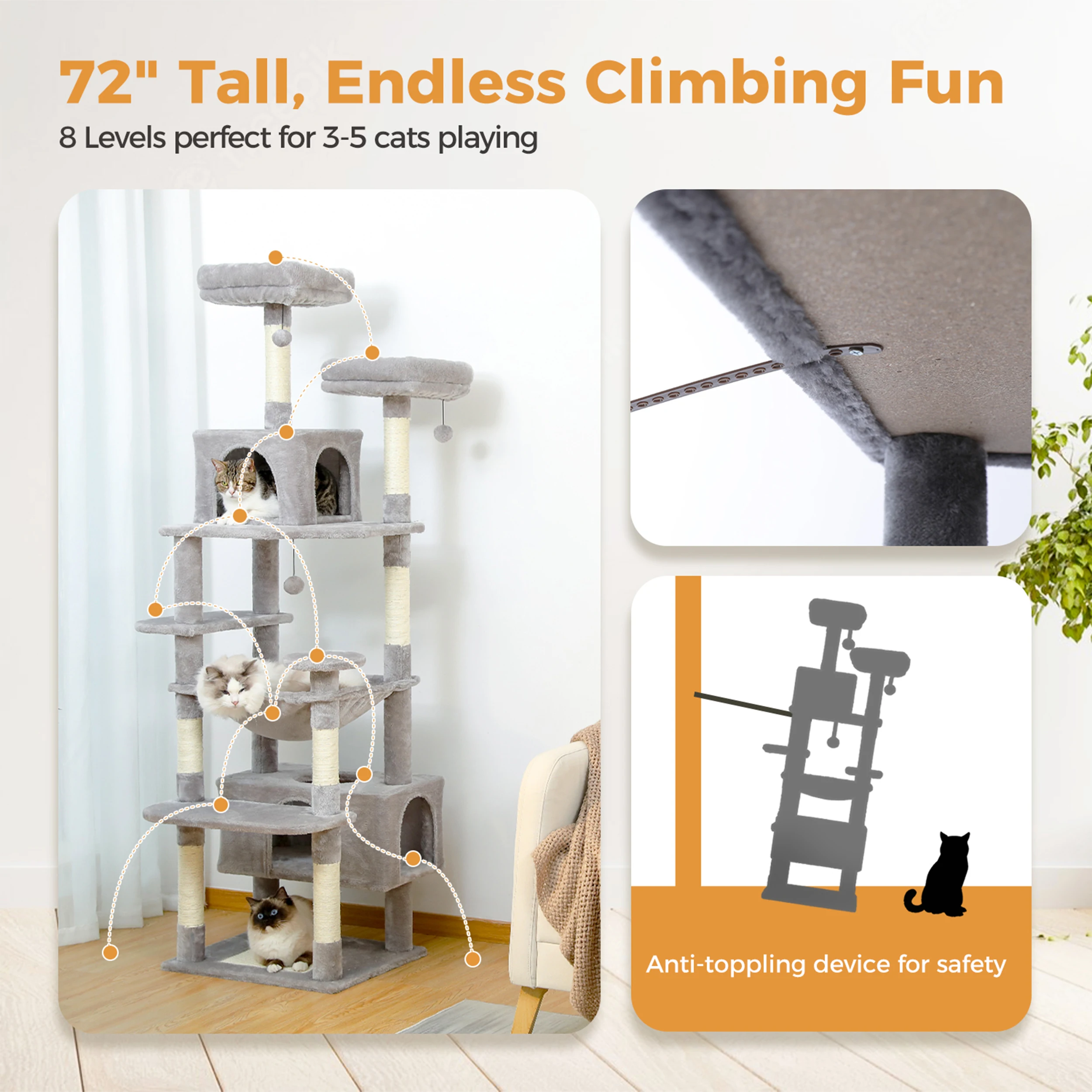 

Large 184CM Cat Tree and Tower for Indoor Cats - With Sisal-Covered Scratching Posts, Padded Perches, Condos, and Basket