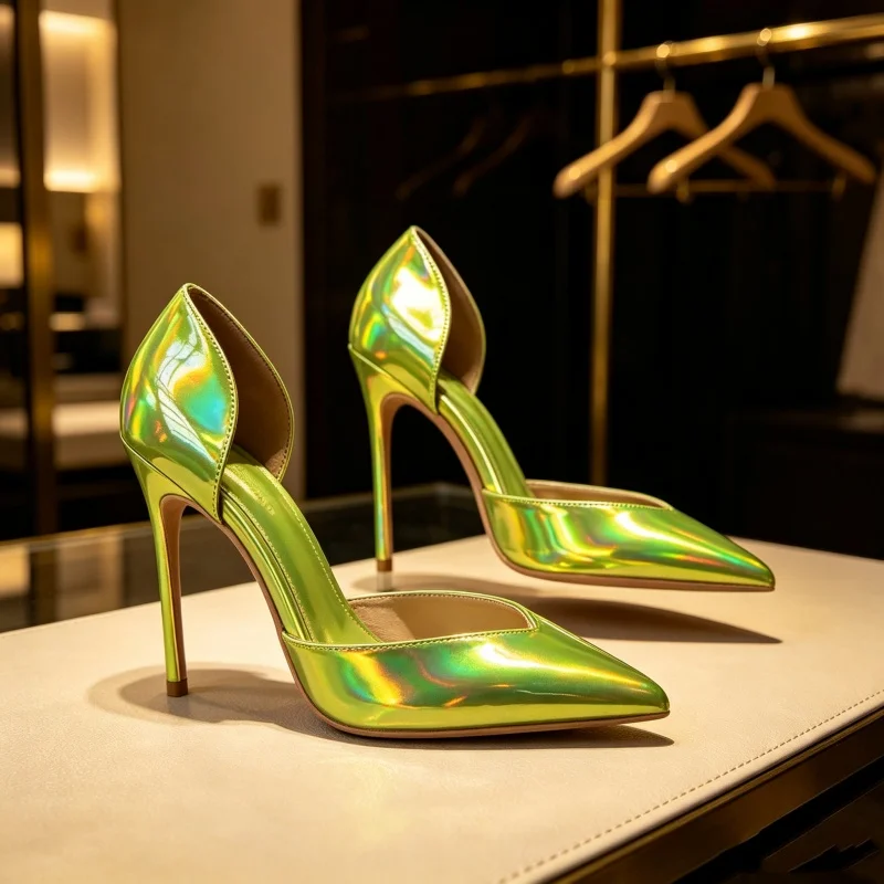 Sexy Nightclub Footwear Fluorescent Laser Green V Opening Hollow Shoes Ladies 12cm Thin Heel High Heels