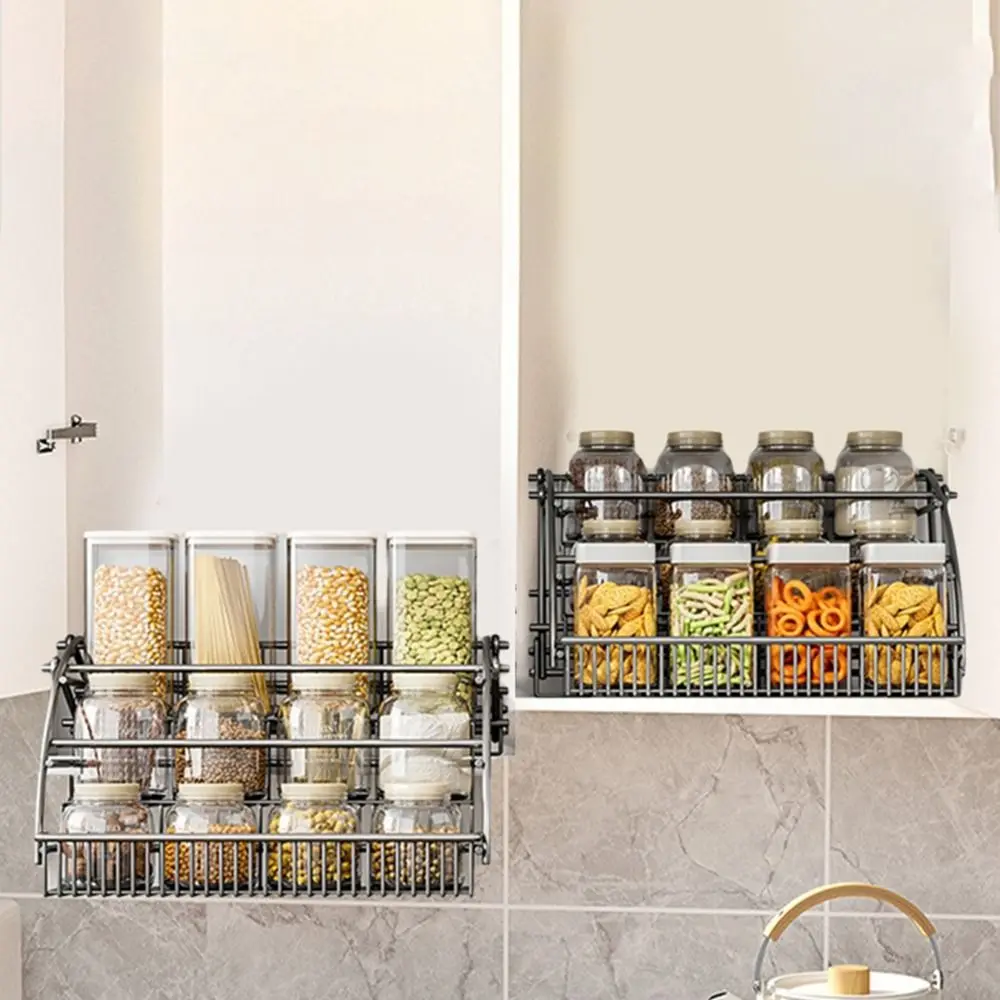 

Carbon Steel 3-Tier Pull Down Spice Rack Large Capacity Rust-proof Retractable Spice Rack Strong Load-bearing Space Saving