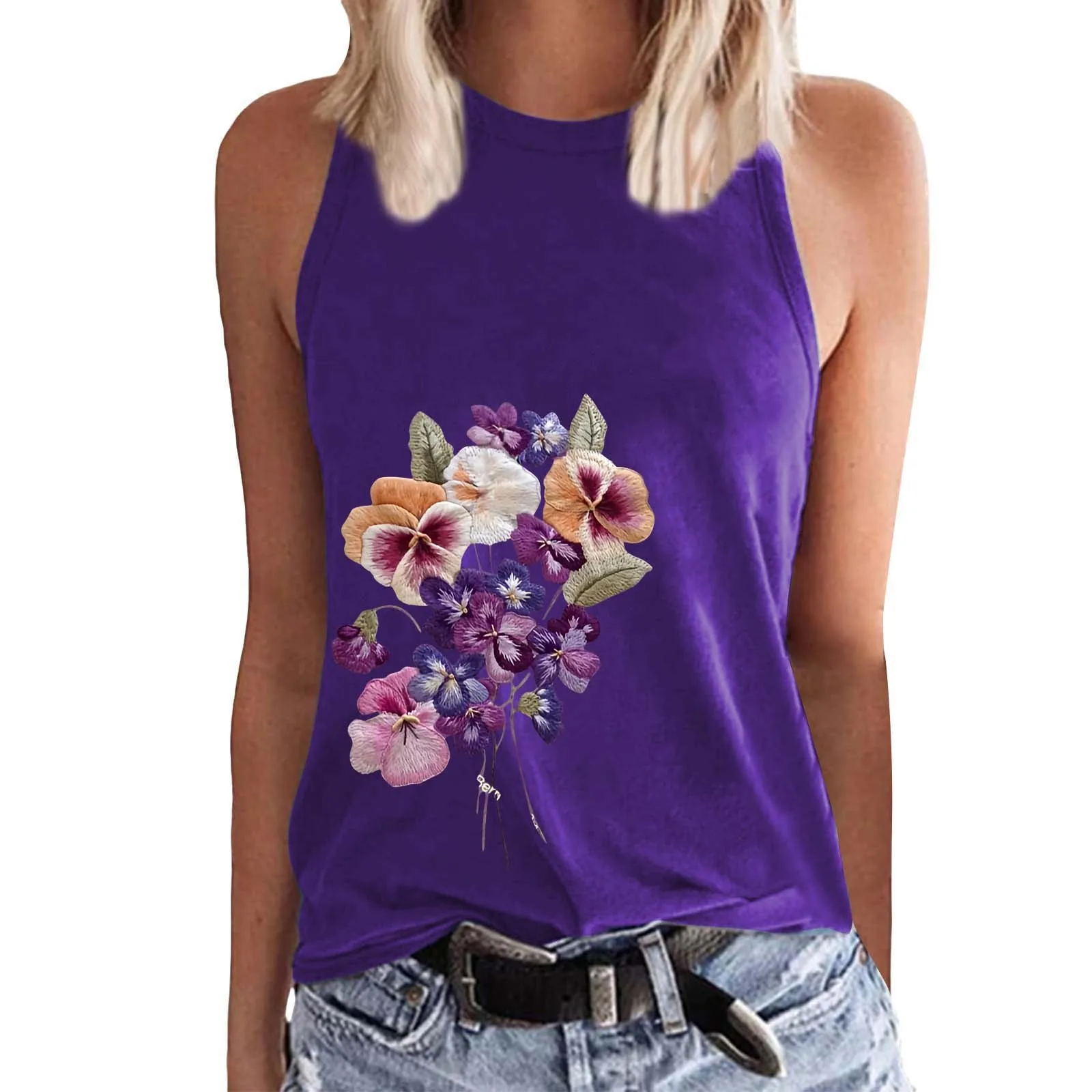 

Women's Fashion Casual Floral Print Top Purple Tank Top Satin Tops Women