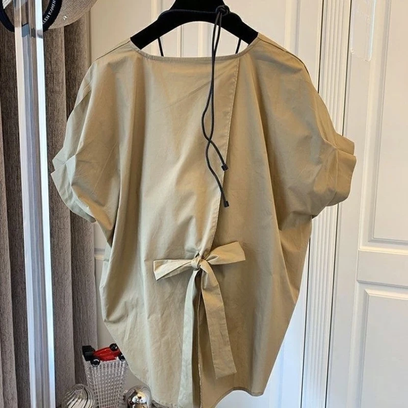

Asymmetrical Loose Pleated Casual Blouse Summer New Short Sleeve Slit Hem Bow Vintage Shirt Tops Fashion Office Women Clothing