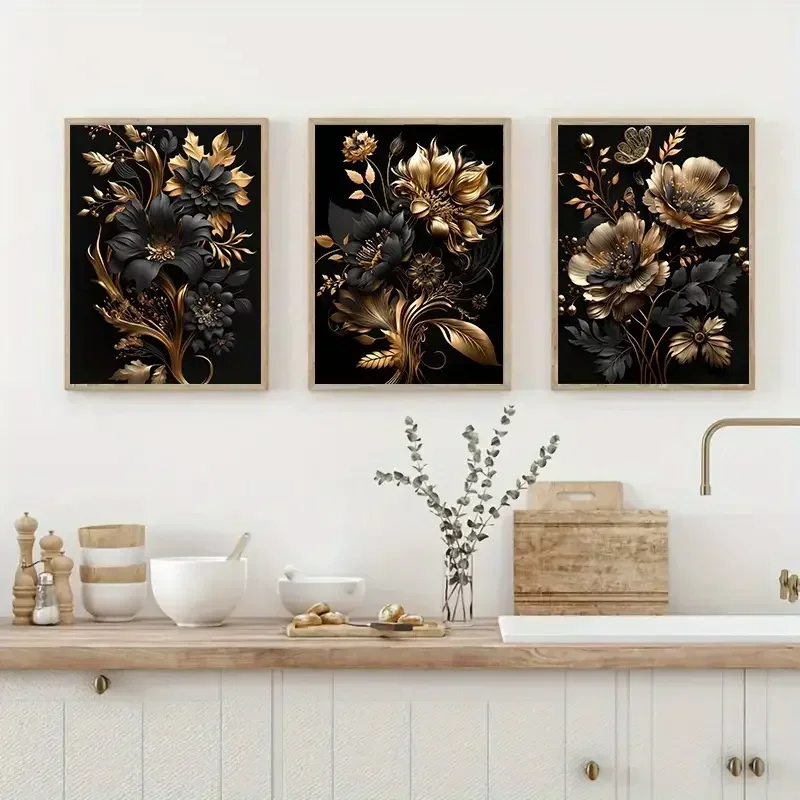 3pcs Modern Nordic Flower Poster Elegant Wall Art for Living Room Home Decor Black Gold Canvas Painting Wall Art Decor Poster