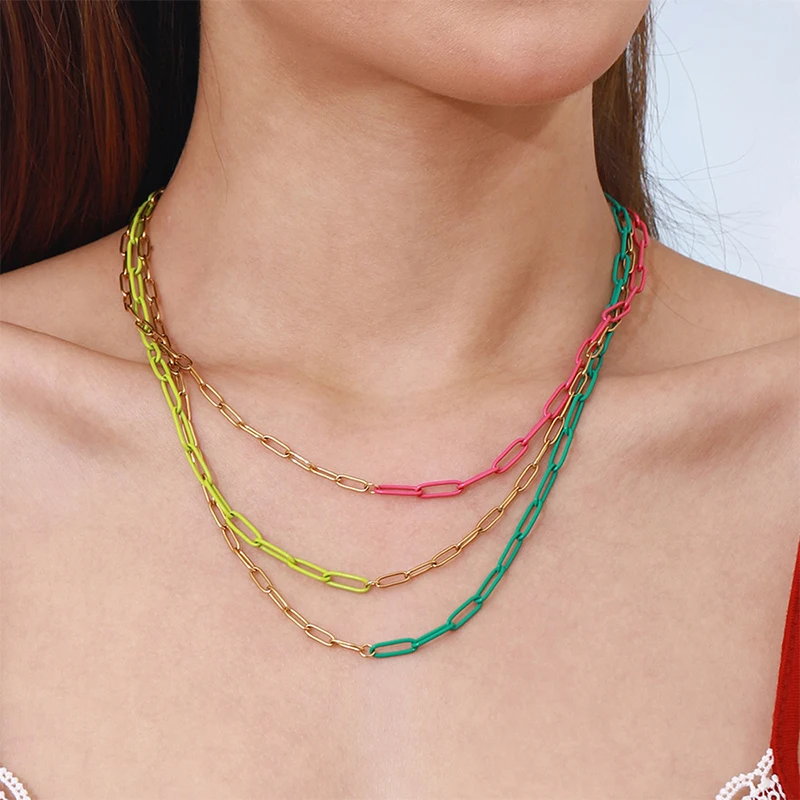 PRISCA | Colored Geometric Necklace Women Stainless Steel 18k Gold Collarbone Chain Simple New 2026