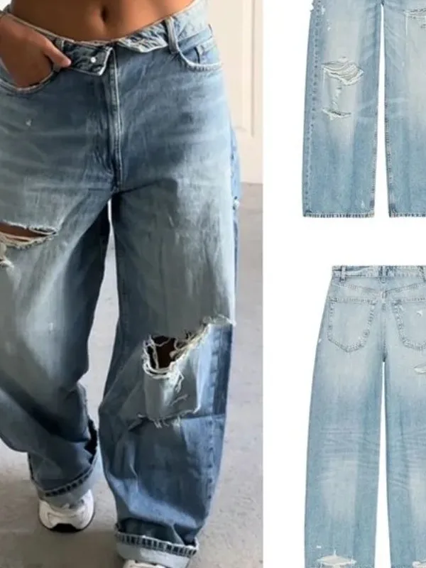 Pure Color mid Waist Cuffed Ripped Straight Leg Jeans Casual High Waist Zipper Pocket Polyester Fiber Non Stretchable