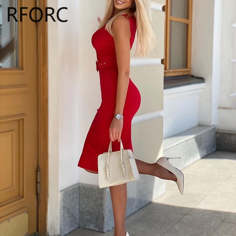 2024 Women Solid Sleeveless with Belts Midi Bodycon Formal Party Red Dress