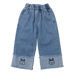 2024 New Spring Girls' Pants Foreign Style To Wear Girls Baby Fried Street Spring and Autumn Children Jeans Wide-leg Pants