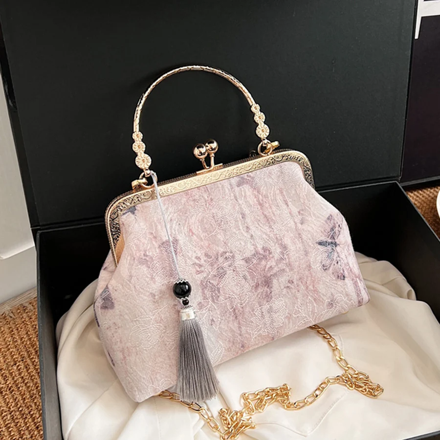 New Chinese Style Hand Evening Bag Retro Render Chains Single Shoulder Crossbody Bag Ladies Casual Simple Style Shell Clip Bags