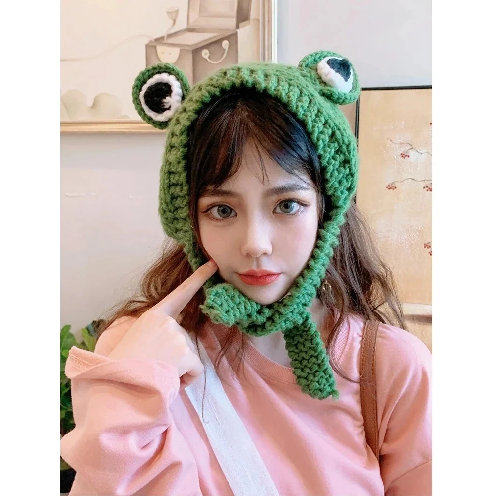 Frog Headband Handmade Wool Knitted Hat Winter Warm Sweet Cute Ear Hat For Women