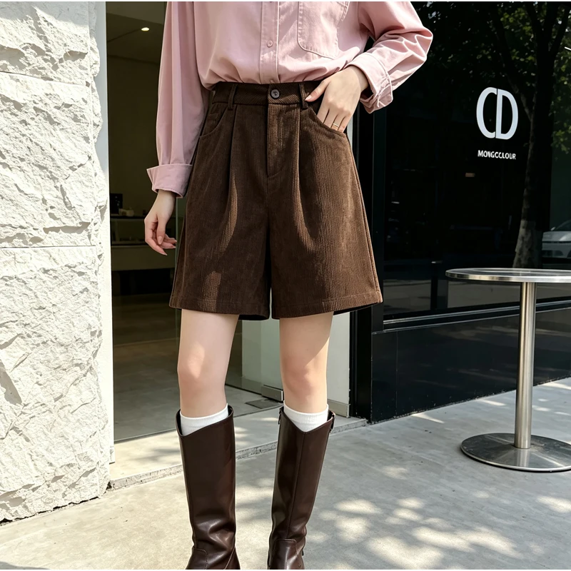 Autumn Winter Women Corduroy Short Pants with Pocket Loose Casual Asymmetrical Wide Leg Shorts Female Bermuda Shorts 2026 New