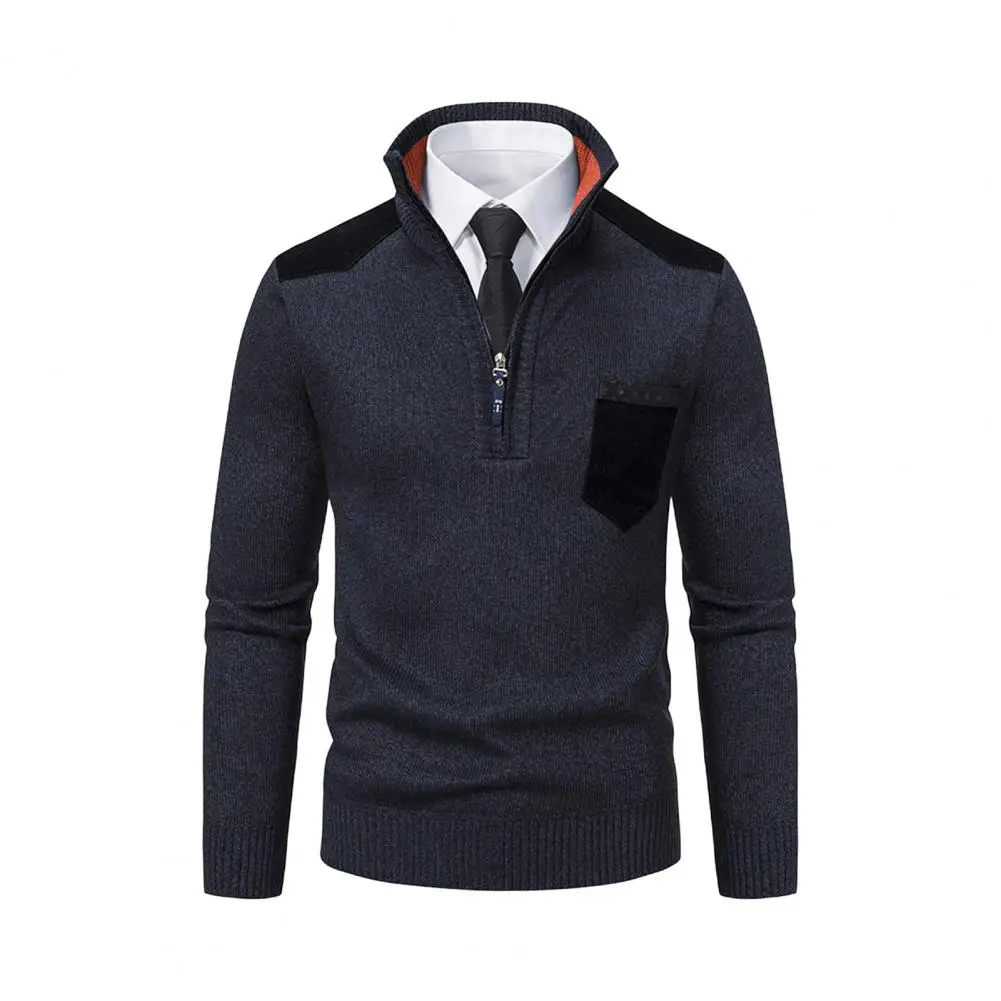 Fall Men Sweater Zippered Stand Collar Long Sleeves Knitted Thick Chest Pocket Pullover Slim Warm Top