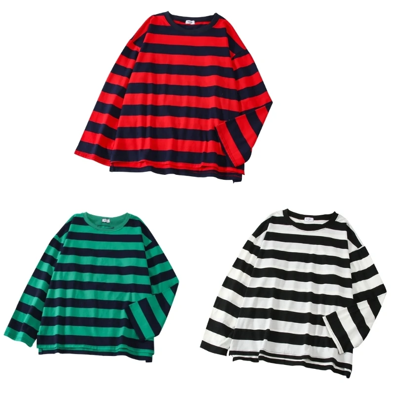 Women Fall Crewneck Long Sleeve T-Shirt Aesthetic Striped Oversized Blouse Top Dropship