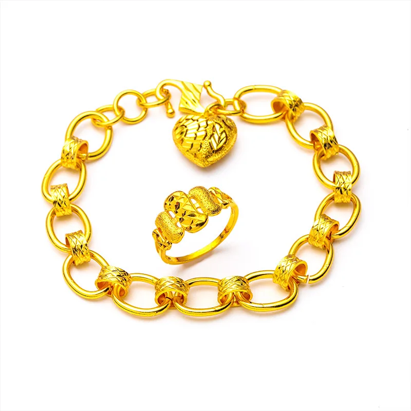 

24K Yellow Gold Push Love Heart Pendant Bracelet for Women Simple Gold Bracelets Bangles Fine Jewelry Mother Girlfriend Gifts