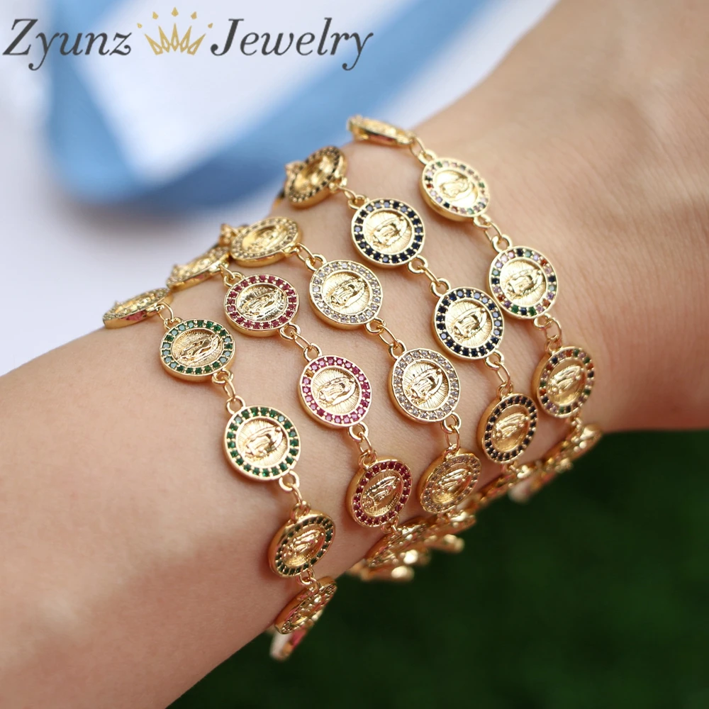 

5PCS, Gold Chain Zircon Virgin Mary Charm Bracelets For Women Crystal Bracelet Religious Jewelry Wholesale virgen de guadalupe